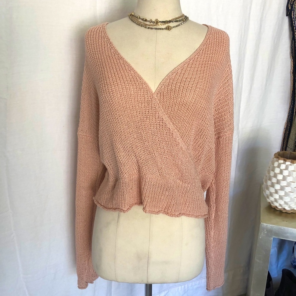 Sky and Sparrow dusty pink knit sweater long sleeve crossover style size M